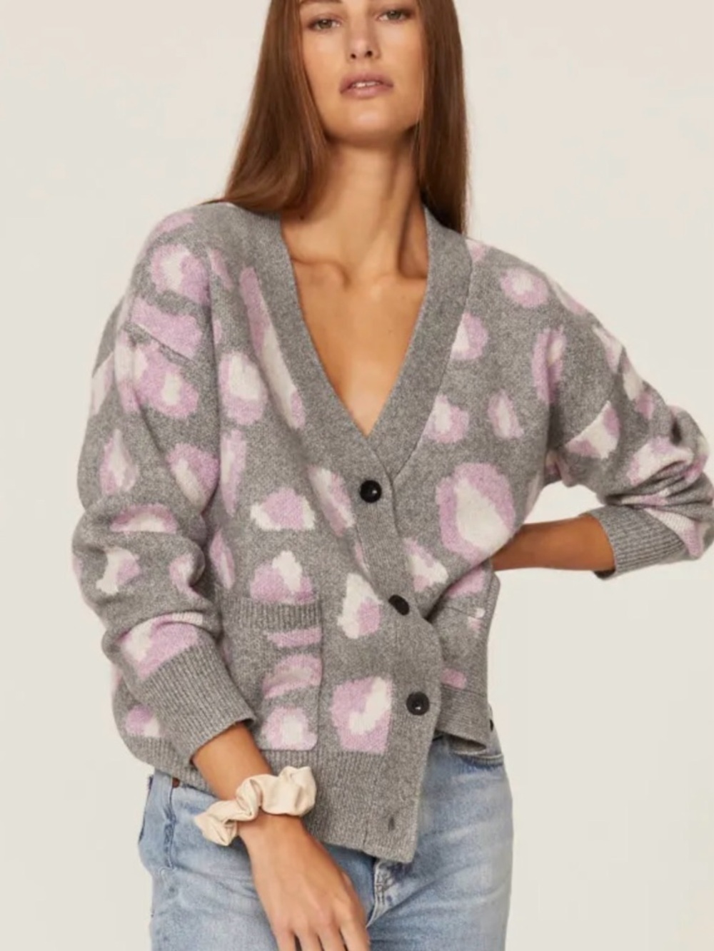 Vox Lux Gray and Pink Leopard-Print V-Neck Cardigan Sweater